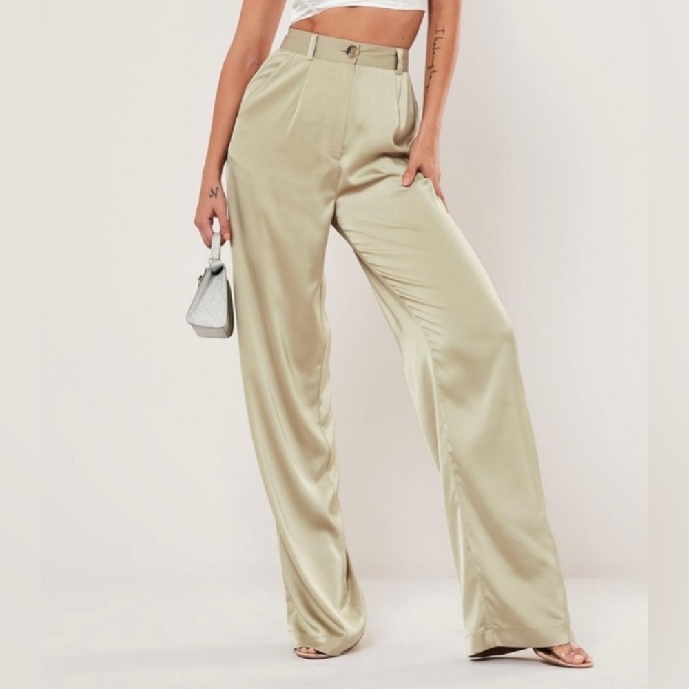 Missguided Tall Women’s Green Silky Satin Wide Leg Pants Trousers 12 Feminine